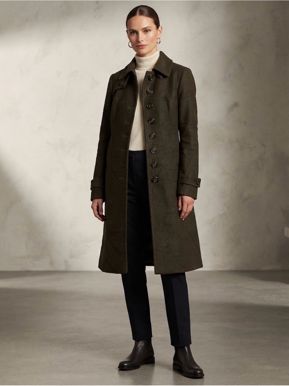 next Olive Button-Front Long Trench Coat